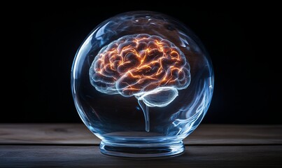A striking image of a glowing brain encased in a glass sphere, representing knowledge, science, and innovation in a modern context