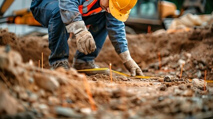 Asian Male Construction Worker Measuring and Marking Ground on a Building Site. Concept of Precision, Safety, Construction Work, and Outdoor Labor