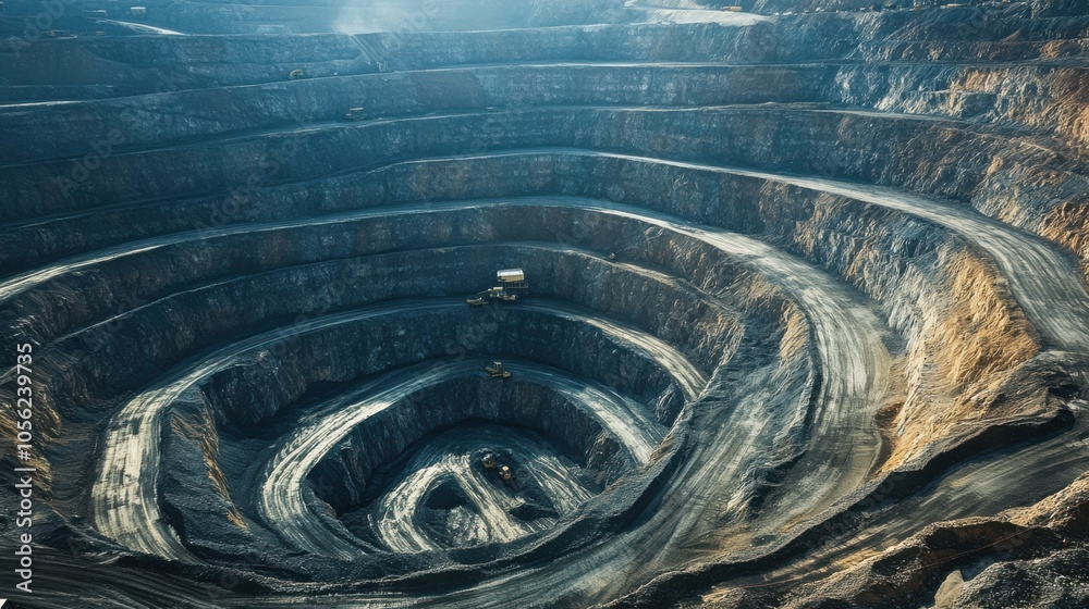 Wall mural a vast open-pit mine with terraced layers, showing the scale