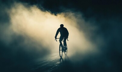 Fototapeta premium A silhouetted cyclist rides through a dramatic fog, embodying adventure and the thrill of exploration in a moody atmosphere