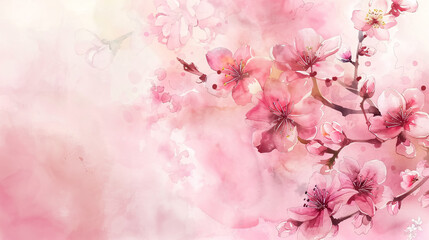 Delicate pink watercolor spring background with flowers. Copy space