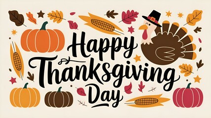 A happy Thanksgiving Day background featuring illustrations and typography.