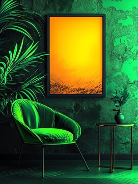 modern interior with vibrant orange blank frame on green textured wall, stylish green velvet chair and small side table, bold and contemporary aesthetic