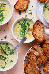 French Cream of Cauliflower Soup with Croutons.style hugge.selective focus