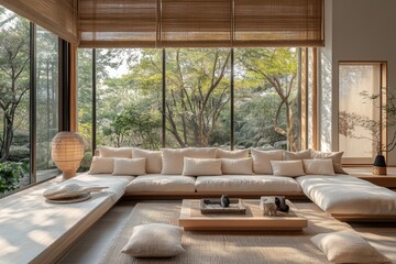 japandi interior design, create a japandi living area with a chic, low sofa and bamboo details, blending rustic and elegant elements gracefully