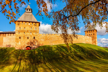 Walls and towers of Veliky Novgorod Kremlin in autumn, Russia