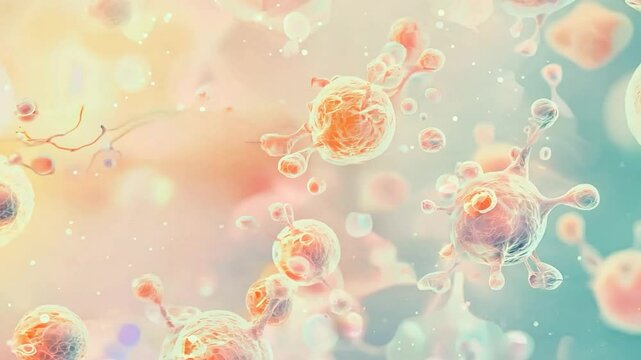 Microscopic imagery showcases virus cells floating within a body, highlighting the intricate interactions of pathogens and the biological environment in which they exist