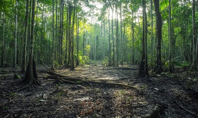 Obraz premium A forest ravaged by invasive species and disease outbreaks, illustrating the compounding threats to ecosystems already stressed by climate change