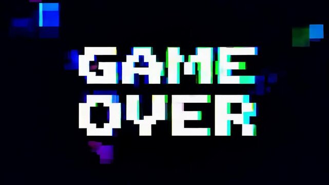 Animation features colorful pixelated text against a black background, capturing the essence of a vintage video game and signaling the end of gameplay with a nostalgic flair