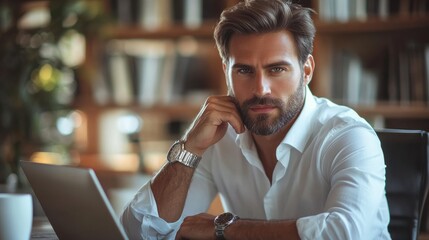 Smiling man with glasses working from home at a laptop, relaxed in a modern office, freelance career, productive work environment, natural lighting, casual professional