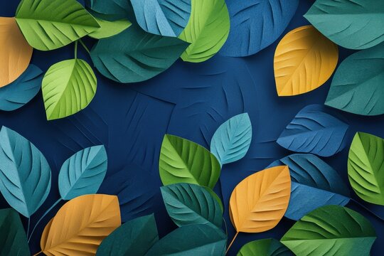 botanical paper art, abstract shapes highlighted against navy paper cut with vibrant green leaves in a mixed nature collage