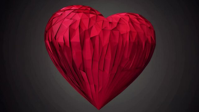 A heart made of triangles is shown in a black background. The heart is red and has a jagged edge, giving it a broken appearance. Concept of sadness or loss, as the heart is no longer whole