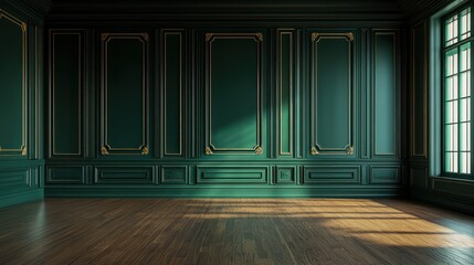 3D rendering of a large empty room with a dark green wall and wooden floor, showcasing wall paneling in a classic design style