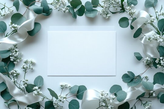 Blank greeting card with soft green eucalyptus and floral decor