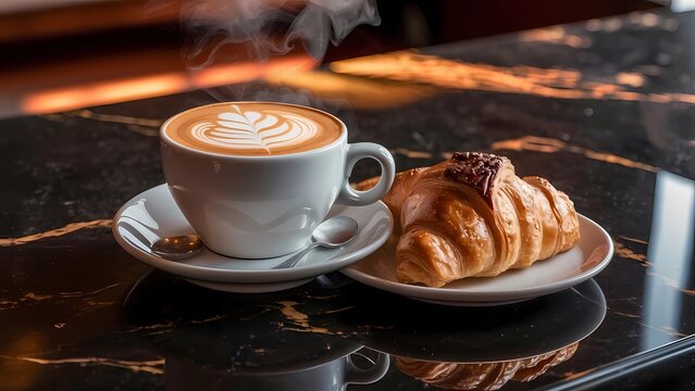 Gourmet Coffee Latte Art Croissant Marble Countertop Ceramic Cup Leaf Pattern Cozy Cafe
