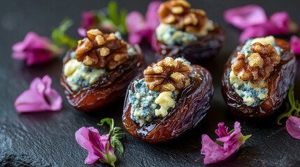 Fototapeta premium Stuffed Dates with Blue Cheese and Walnuts on Slate with Floral Garnish