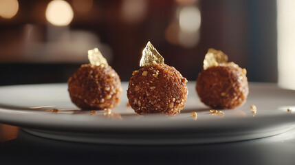 Close-up of Gourmet Truffle Balls with Edible Gold Leaf on Plate