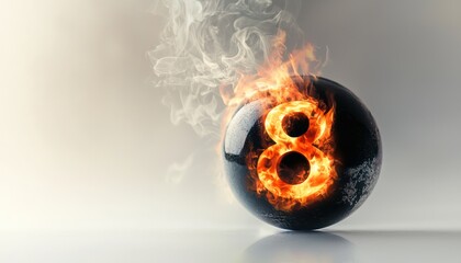 A burning 8 snooker ball against a white background, creating a stark contrast with the concept of heat and motion in sports.