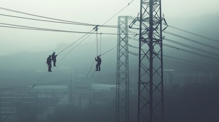 Workers performing maintenance on high-voltage power lines,