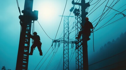 Workers performing maintenance on high-voltage power lines,