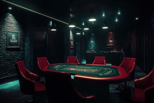 A dark, modern, and secretive poker game room interior rendered in 3D, featuring red chairs and a table, ideal for high-stakes games.