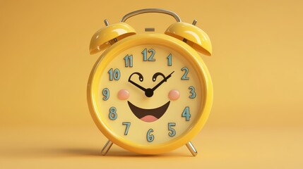 A bright yellow alarm clock with a cheerful, smiling face, symbolizing the importance of time and routine in a playful, animated style against a yellow background.