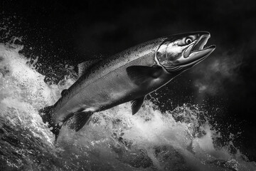 Fototapeta premium Dynamic Shot of a Salmon in Mid-Jump Surrounded by Splashing Water