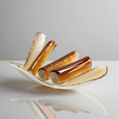 Elegant glass sculpture of crispy clam strips in warm golden hues with textured detailing, generative ai