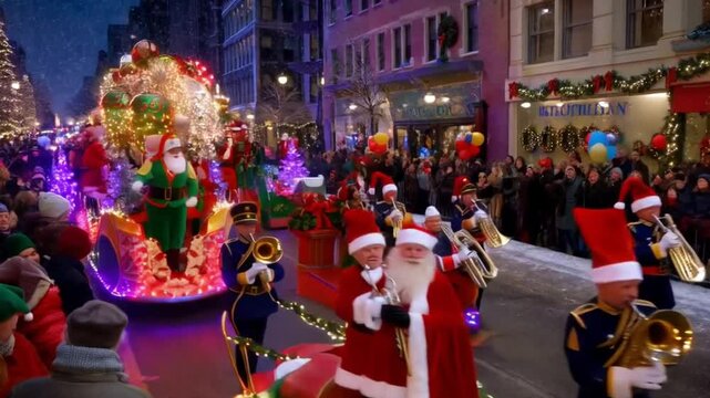 A vibrant Christmas parade with floats, marching bands, and festive characters entertaining the crowd.