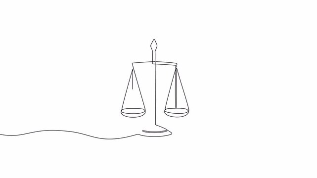 Video. Continuous drawing of a single editable line of scales with bowls. Symbol of balance, legal law. Animation on white background. 4K.