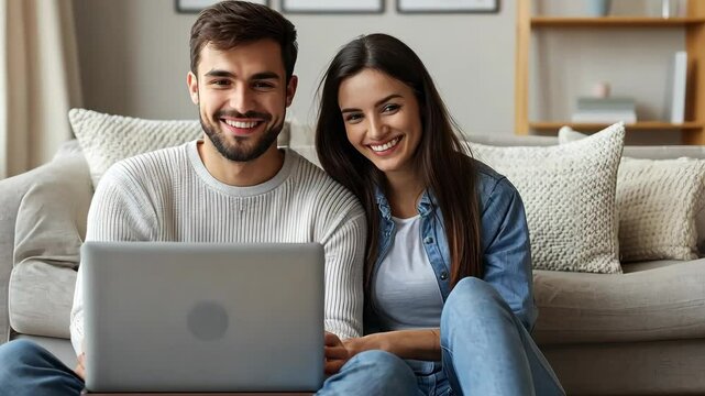 Full body of cheerful young couple enjoy weekend couple wife husband sit floor netbook buy new apartment indoors inside house home Video
