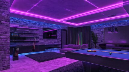 A gaming room designed with neon lighting and a billiards table, creating a vibrant setting for night-time entertainment.