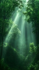 Obraz premium Sunlight streams through a lush green forest creating a serene, mystical atmosphere in nature