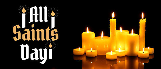 Burning candles on dark background. Mourning concept