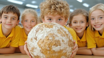 Children proudly display a large papier-mâché planet in a classroom setting, AI
