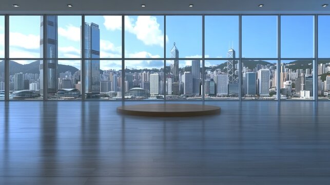 A sleek virtual news studio showcases the Hong Kong skyline at night, designed with warm lighting and equipped for professional broadcasting