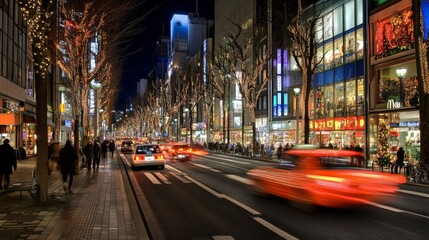 Fototapeta premium Bustling city street filled with cars and pedestrians in daytime.