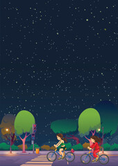 Naklejka premium Two children cycle on a quiet street, surrounded by trees and street lights, while the night sky is filled with shining stars, creating a peaceful and adventurous atmosphere