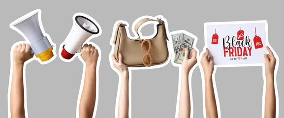 Hands with megaphones, money and accessories on grey background. Black Friday sale