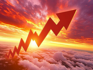 A bold red arrow rises through clouds against a dramatic sunset, symbolizing growth, ambition, and upward momentum in a striking, motivational visual.
