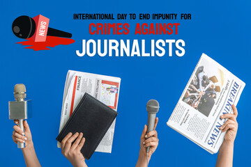 Female hands with newspapers, microphones and notebook on blue background