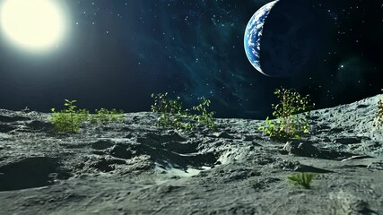 A bright sun shines above a barren, gray moon surface, while Earth hangs in the sky