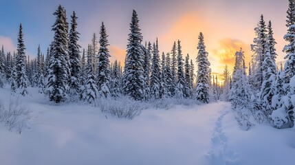 Obraz premium Snowy Winter Forest at Dawn