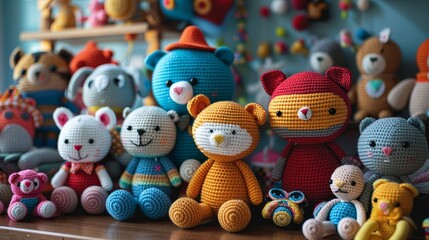 An array of brightly colored crocheted animal toys displayed in a cheerful arrangement, highlighting diverse creatures and the whimsical artistry of each handmade piece.