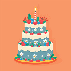 birthday cake with berries and floral decorations isolated flat  illustration