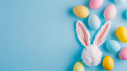 Easter party concept. Top view photo of Easter bunny ears white pink blue and yellow eggs on isolated pastel blue background with copy space in the middle
