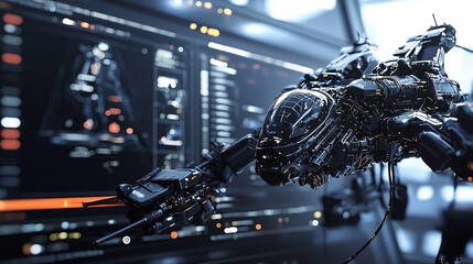 A futuristic robotic arm interacts with a high-tech interface, showcasing advanced technology and design in a digital environment.