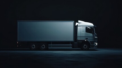 A white truck parked against a contrasting dark background, highlighting the vehicle's sleek design and modern logistics capabilities