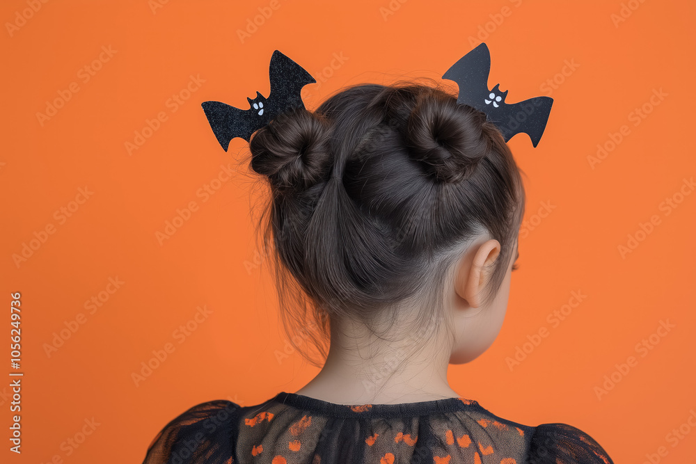 Wall mural back view of young girl dressed in halloween themed outfit with bat hair accessories against an oran