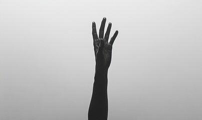 A monochrome image featuring a black hand reaching upwards against a minimalistic white background, symbolizing hope and longing
